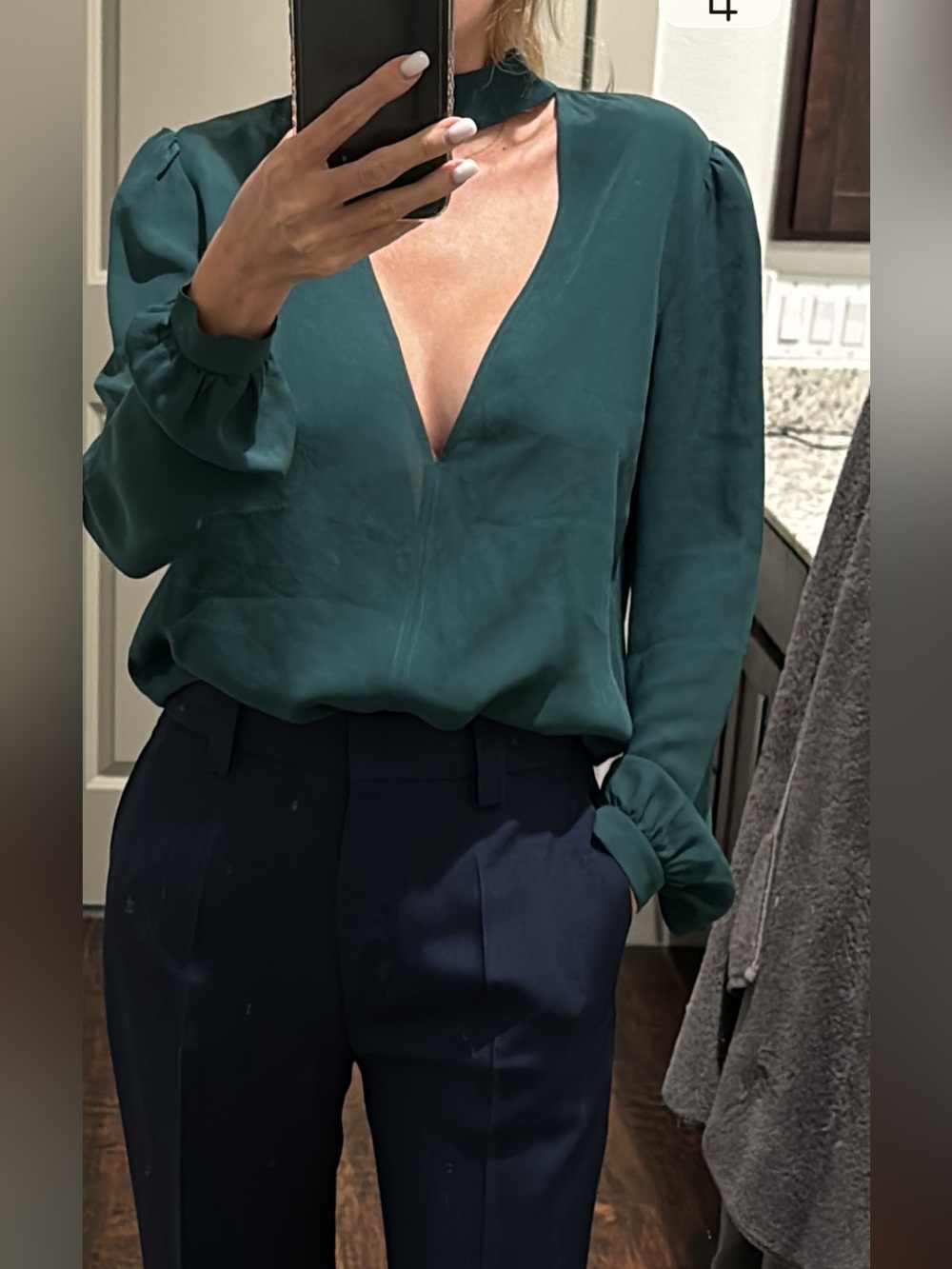 A.L.C. Deep Emerald Green V-Neck Choker Blouse